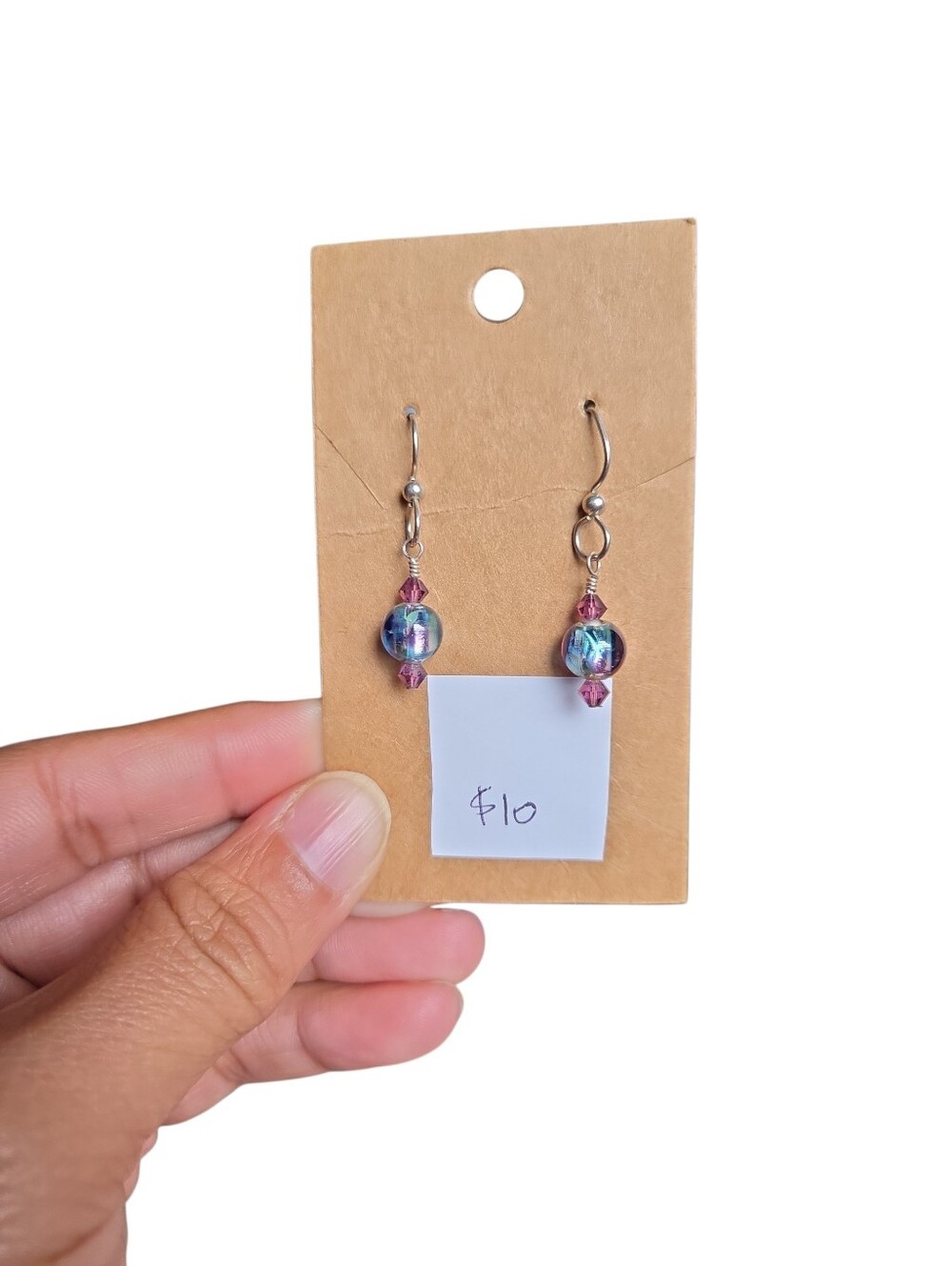 Silver Toned Handmade Iridescent Blue Glass Drop Earrings Pink Accents 1.75"